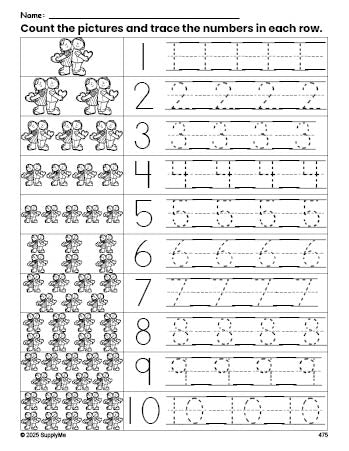 Free printable Valentine's Day couple counting worksheet for preschool and pre-k with number tracing practice 1-10, PDF