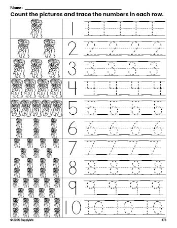 Free printable Valentine's Day couple counting worksheet for preschool and pre-k with number tracing practice 1-10, PDF