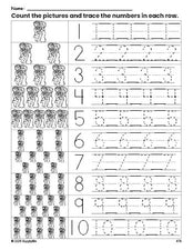 Free printable Valentine's Day couple counting worksheet for preschool and pre-k with number tracing practice 1-10, PDF