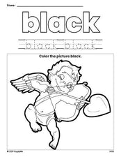 Free Valentine's Day cupid color black coloring page and color worksheet, black worksheet for preschoolers to learn colors, printable PDF