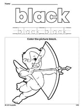 Free Valentine's Day cupid color black coloring page and color worksheet, black worksheet for preschoolers to learn colors, printable PDF