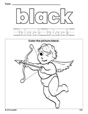 Free Valentine's Day cupid color black coloring page and color worksheet, black worksheet for preschoolers to learn colors, printable PDF