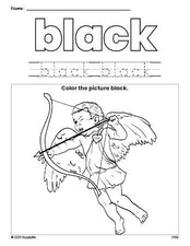 Free Valentine's Day cupid color black coloring page and color worksheet, black worksheet for preschoolers to learn colors, printable PDF