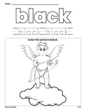 Free Valentine's Day cupid color black coloring page and color worksheet, black worksheet for preschoolers to learn colors, printable PDF