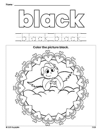 Free Valentine's Day cupid color black coloring page and color worksheet, black worksheet for preschoolers to learn colors, printable PDF