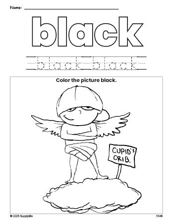 Free Valentine's Day cupid color black coloring page and color worksheet, black worksheet for preschoolers to learn colors, printable PDF