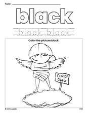 Free Valentine's Day cupid color black coloring page and color worksheet, black worksheet for preschoolers to learn colors, printable PDF