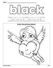 Free Valentine's Day cupid color black coloring page and color worksheet, black worksheet for preschoolers to learn colors, printable PDF