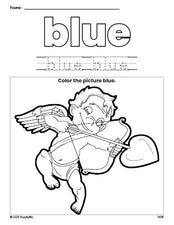 Free Valentine's Day cupid color blue coloring page and color worksheet, blue worksheet for preschoolers to learn colors, printable PDF