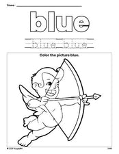 Free Valentine's Day cupid color blue coloring page and color worksheet, blue worksheet for preschoolers to learn colors, printable PDF