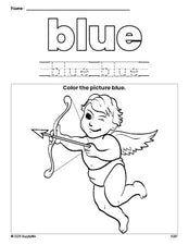 Free Valentine's Day cupid color blue coloring page and color worksheet, blue worksheet for preschoolers to learn colors, printable PDF