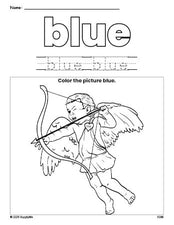 Free Valentine's Day cupid color blue coloring page and color worksheet, blue worksheet for preschoolers to learn colors, printable PDF