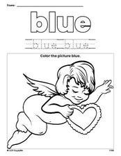 Free Valentine's Day cupid color blue coloring page and color worksheet, blue worksheet for preschoolers to learn colors, printable PDF