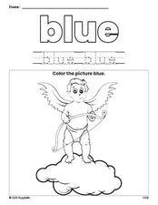 Free Valentine's Day cupid color blue coloring page and color worksheet, blue worksheet for preschoolers to learn colors, printable PDF