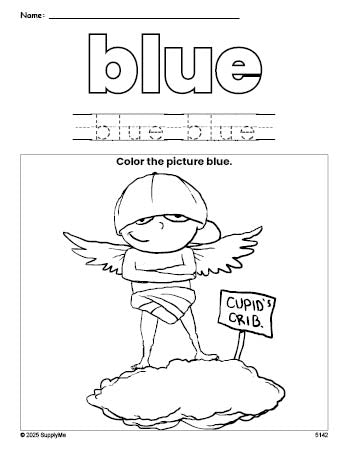 Free Valentine's Day cupid color blue coloring page and color worksheet, blue worksheet for preschoolers to learn colors, printable PDF