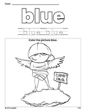 Free Valentine's Day cupid color blue coloring page and color worksheet, blue worksheet for preschoolers to learn colors, printable PDF