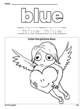 Free Valentine's Day cupid color blue coloring page and color worksheet, blue worksheet for preschoolers to learn colors, printable PDF