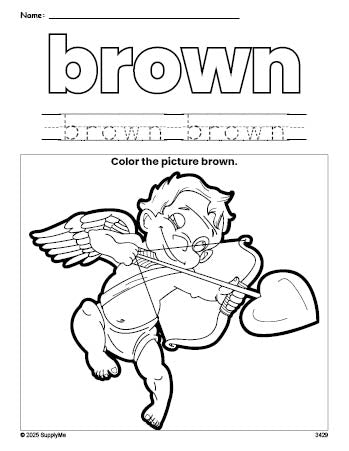 Free Valentine's Day cupid color brown coloring page and color worksheet, brown worksheet for preschoolers to learn colors, printable PDF