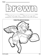 Free Valentine's Day cupid color brown coloring page and color worksheet, brown worksheet for preschoolers to learn colors, printable PDF