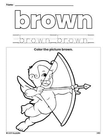 Free Valentine's Day cupid color brown coloring page and color worksheet, brown worksheet for preschoolers to learn colors, printable PDF