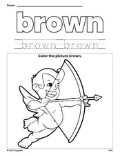 Free Valentine's Day cupid color brown coloring page and color worksheet, brown worksheet for preschoolers to learn colors, printable PDF