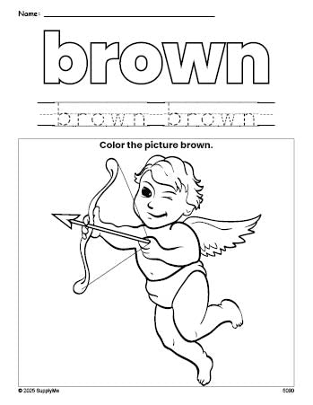 Free Valentine's Day cupid color brown coloring page and color worksheet, brown worksheet for preschoolers to learn colors, printable PDF