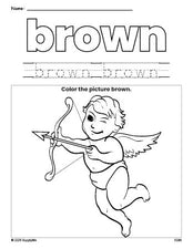 Free Valentine's Day cupid color brown coloring page and color worksheet, brown worksheet for preschoolers to learn colors, printable PDF