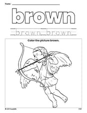 Free Valentine's Day cupid color brown coloring page and color worksheet, brown worksheet for preschoolers to learn colors, printable PDF