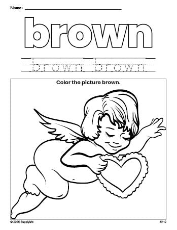 Free Valentine's Day cupid color brown coloring page and color worksheet, brown worksheet for preschoolers to learn colors, printable PDF