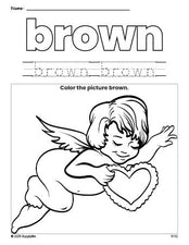 Free Valentine's Day cupid color brown coloring page and color worksheet, brown worksheet for preschoolers to learn colors, printable PDF