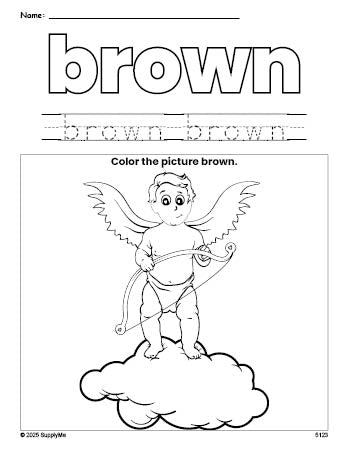 Free Valentine's Day cupid color brown coloring page and color worksheet, brown worksheet for preschoolers to learn colors, printable PDF