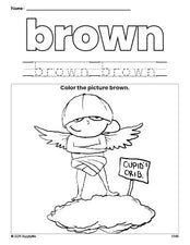 Free Valentine's Day cupid color brown coloring page and color worksheet, brown worksheet for preschoolers to learn colors, printable PDF