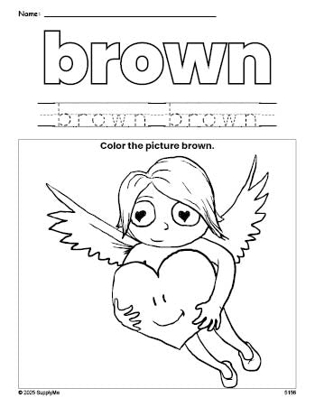 Free Valentine's Day cupid color brown coloring page and color worksheet, brown worksheet for preschoolers to learn colors, printable PDF