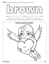 Free Valentine's Day cupid color brown coloring page and color worksheet, brown worksheet for preschoolers to learn colors, printable PDF