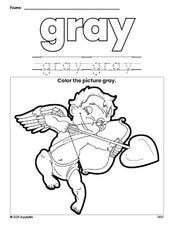 Free Valentine's Day cupid color gray coloring page and color worksheet, gray worksheet for preschoolers to learn colors, printable PDF