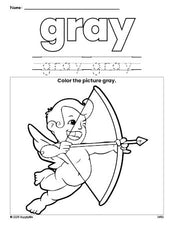 Free Valentine's Day cupid color gray coloring page and color worksheet, gray worksheet for preschoolers to learn colors, printable PDF