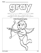 Free Valentine's Day cupid color gray coloring page and color worksheet, gray worksheet for preschoolers to learn colors, printable PDF