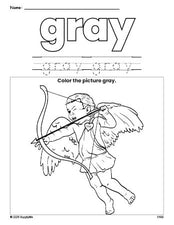 Free Valentine's Day cupid color gray coloring page and color worksheet, gray worksheet for preschoolers to learn colors, printable PDF