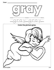 Free Valentine's Day cupid color gray coloring page and color worksheet, gray worksheet for preschoolers to learn colors, printable PDF