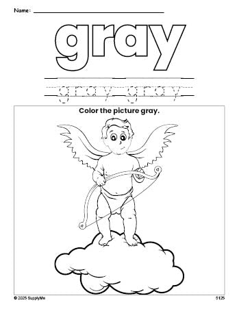 Free Valentine's Day cupid color gray coloring page and color worksheet, gray worksheet for preschoolers to learn colors, printable PDF