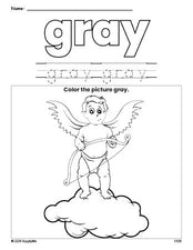 Free Valentine's Day cupid color gray coloring page and color worksheet, gray worksheet for preschoolers to learn colors, printable PDF