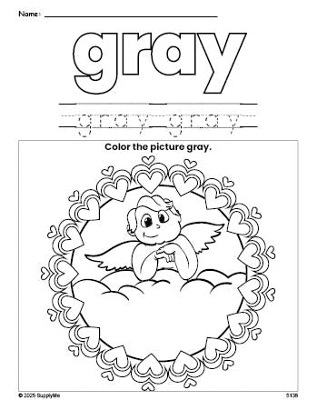 Free Valentine's Day cupid color gray coloring page and color worksheet, gray worksheet for preschoolers to learn colors, printable PDF