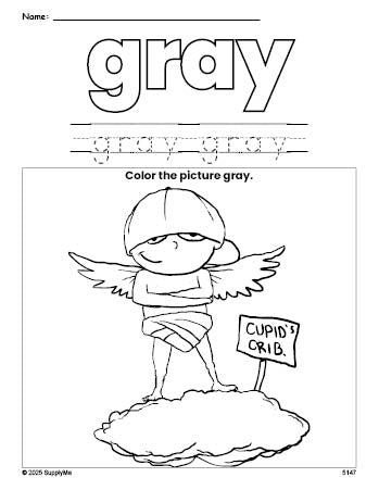 Free Valentine's Day cupid color gray coloring page and color worksheet, gray worksheet for preschoolers to learn colors, printable PDF