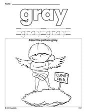 Free Valentine's Day cupid color gray coloring page and color worksheet, gray worksheet for preschoolers to learn colors, printable PDF