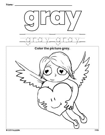 Free Valentine's Day cupid color gray coloring page and color worksheet, gray worksheet for preschoolers to learn colors, printable PDF