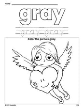 Free Valentine's Day cupid color gray coloring page and color worksheet, gray worksheet for preschoolers to learn colors, printable PDF