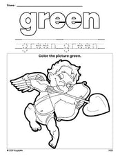 Free Valentine's Day cupid color green coloring page and color worksheet, green worksheet for preschoolers to learn colors, printable PDF