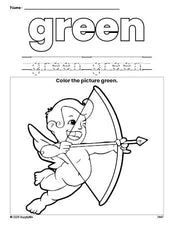 Free Valentine's Day cupid color green coloring page and color worksheet, green worksheet for preschoolers to learn colors, printable PDF