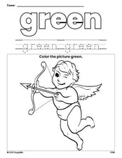 Free Valentine's Day cupid color green coloring page and color worksheet, green worksheet for preschoolers to learn colors, printable PDF