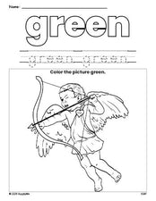 Free Valentine's Day cupid color green coloring page and color worksheet, green worksheet for preschoolers to learn colors, printable PDF